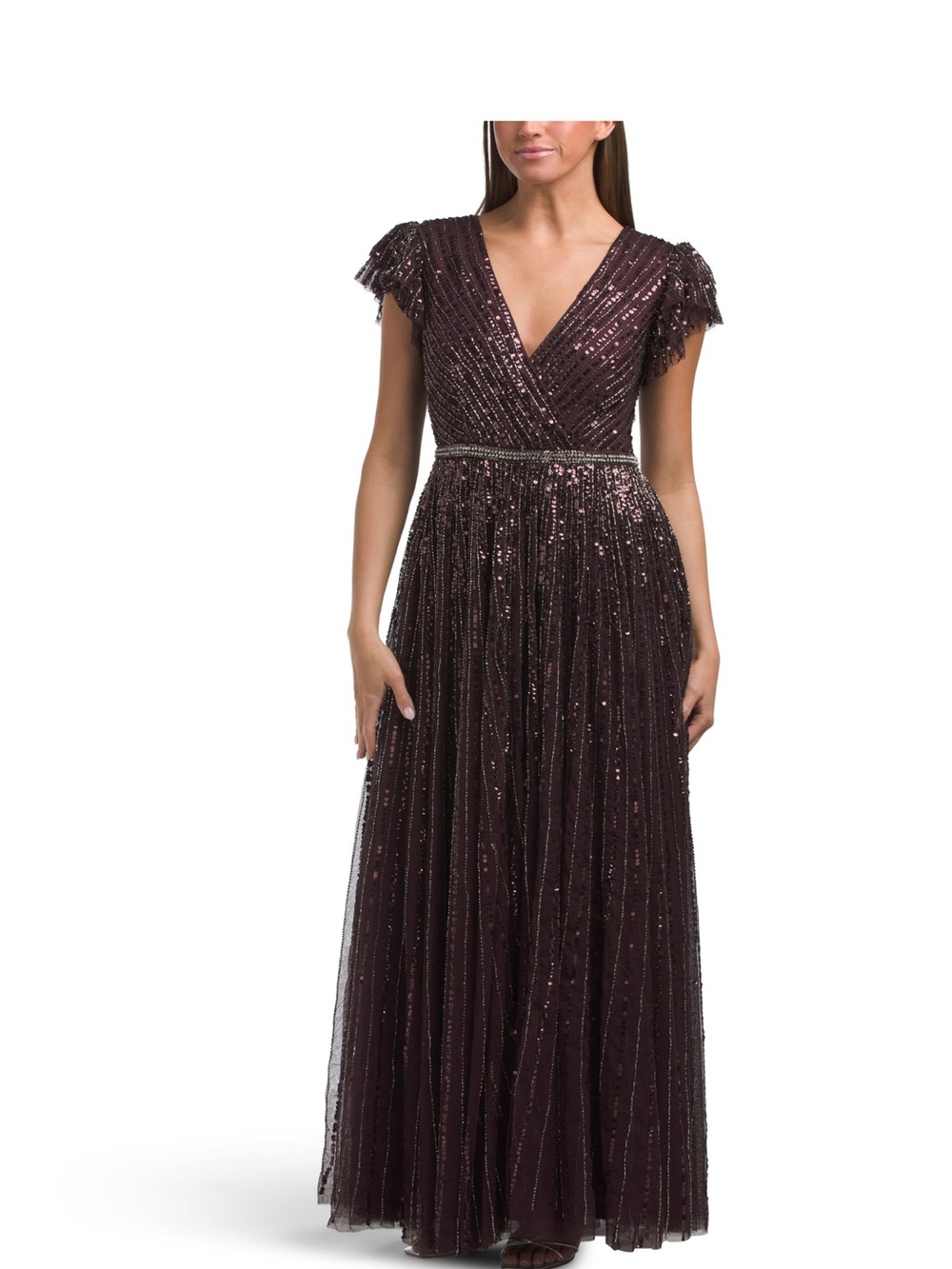 Mac Duggal Plum Sequin V-Neck Maxi Gown